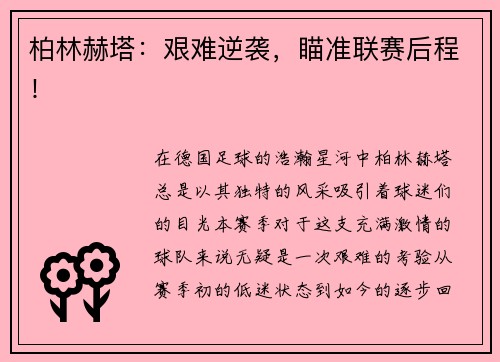 柏林赫塔：艰难逆袭，瞄准联赛后程！